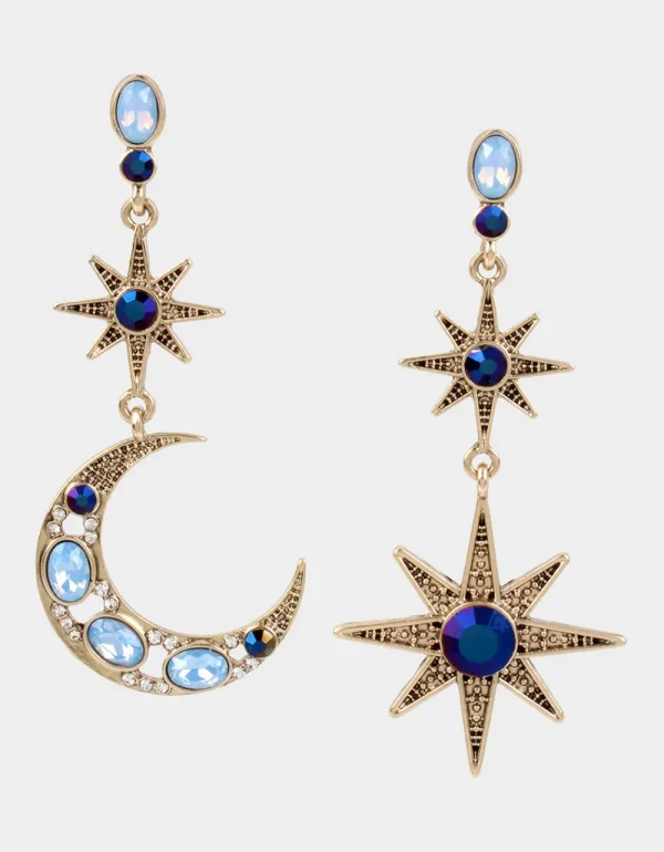 Betsey Johnson Betseys Celestial Star And Moon Mismatch Earrings Blue Hot