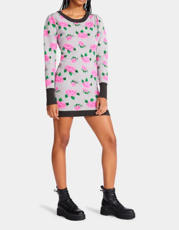 Betsey Johnson Neon Roses Jacquard Sweater Dress Grey Discount