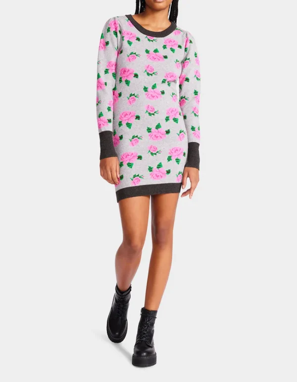 Betsey Johnson Neon Roses Jacquard Sweater Dress Grey Discount