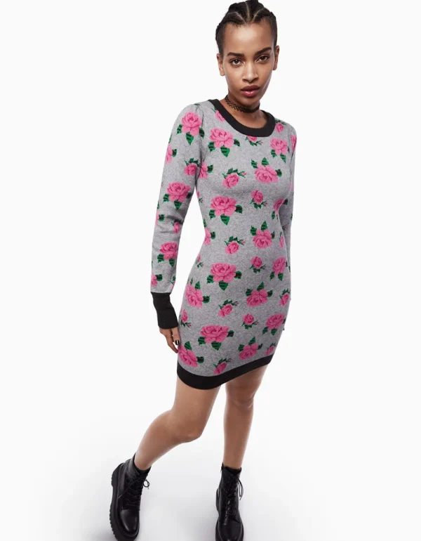 Betsey Johnson Neon Roses Jacquard Sweater Dress Grey Discount