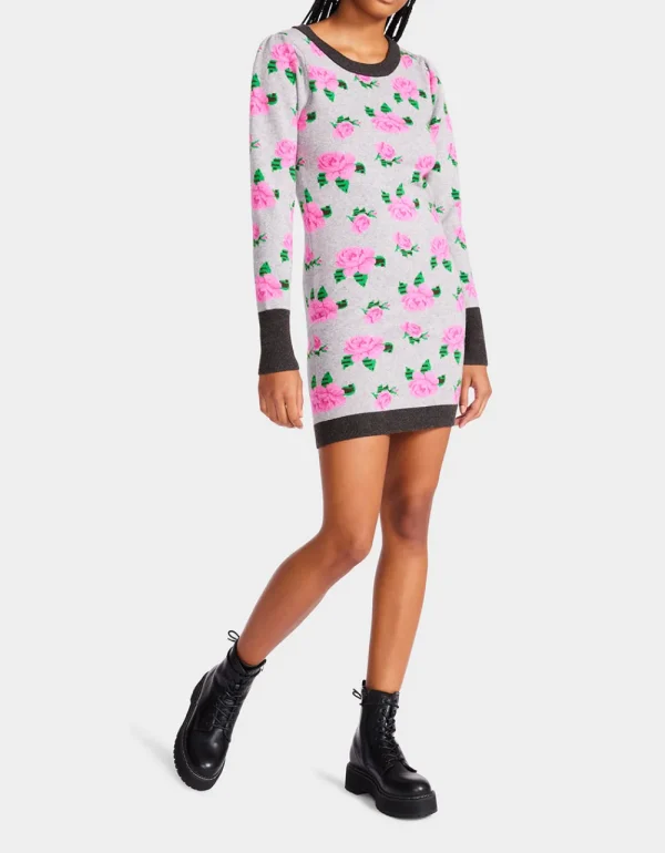 Betsey Johnson Neon Roses Jacquard Sweater Dress Grey Discount