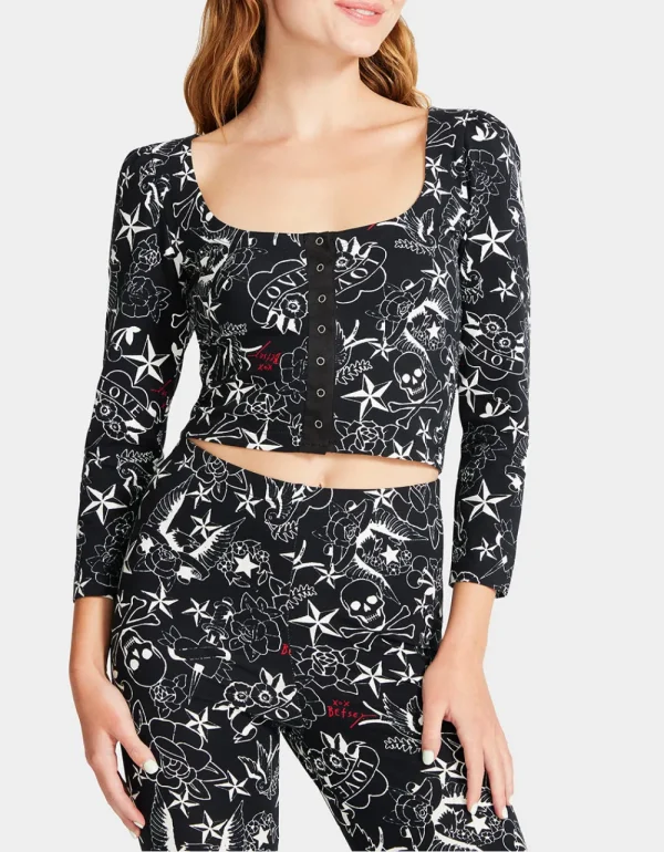 Betsey Johnson Pretty In Punk Vintage Inspired Puff Sleeve Top Nt Tattoo Pri New